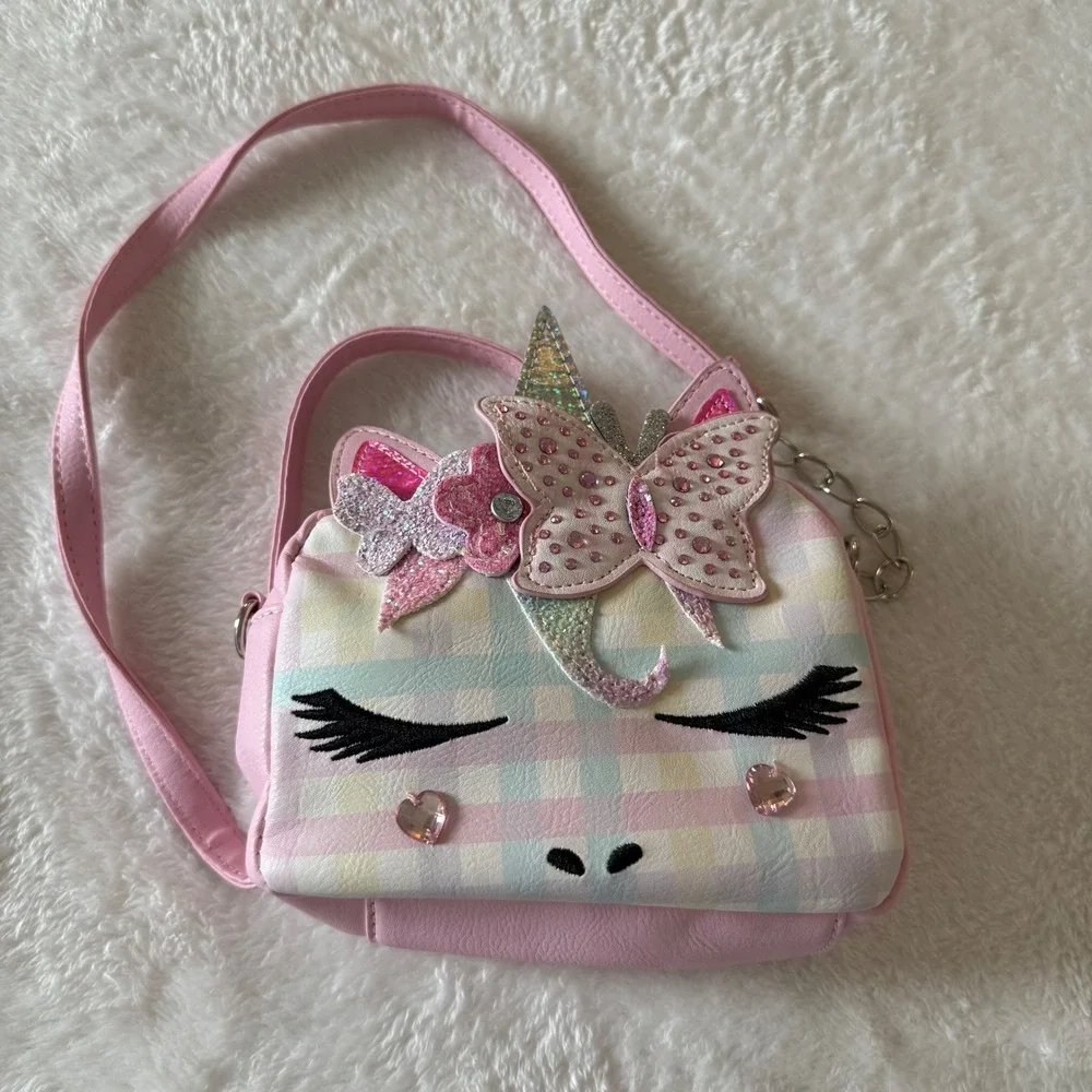 OMG Accessories Unicorn Crossbody‎ Purse Pink Plaid Butterfly Rhinestone Girls